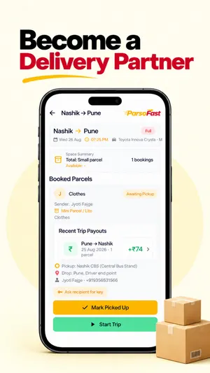 Partner app showing a Nashik to Pune trip with a booked parcel and Mark Picked Up button
